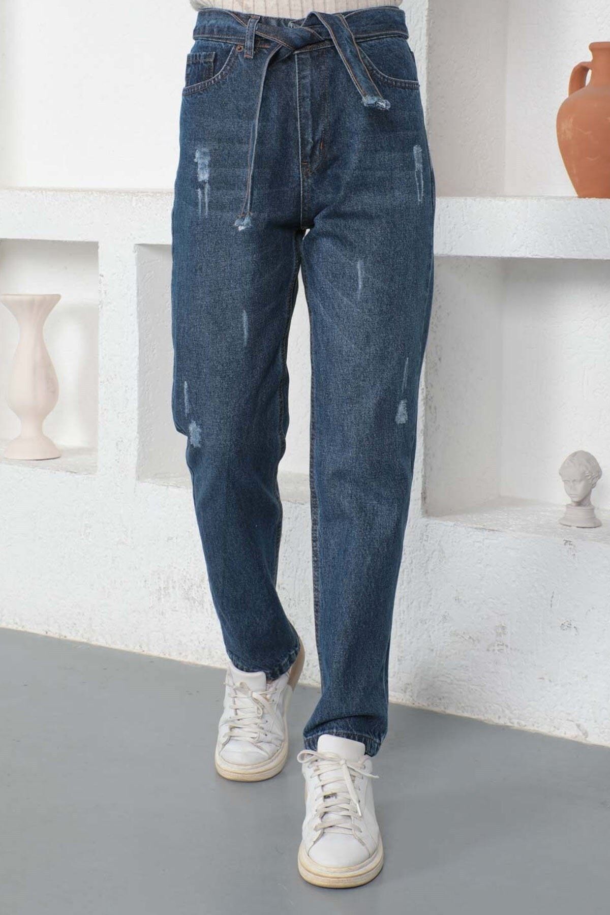 Modamihram-Belted Boyfriend Jeans Kalhoty modré 6007 2