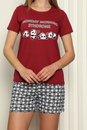 Bordo Kadın Şortlu Pijama Takımı Kısa Kollu Pamuklu Baskılı 14002