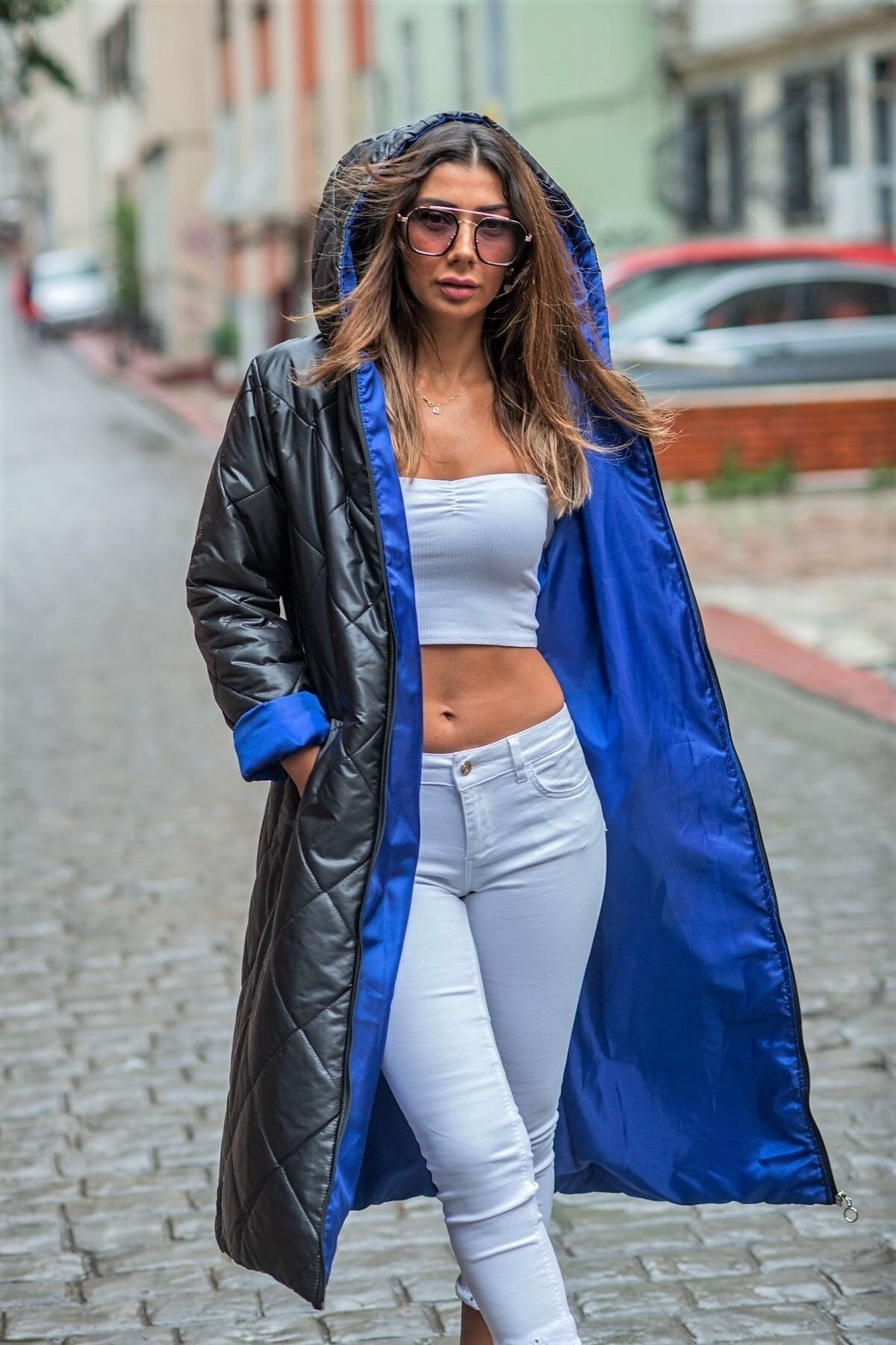 Black patent top bubble coat