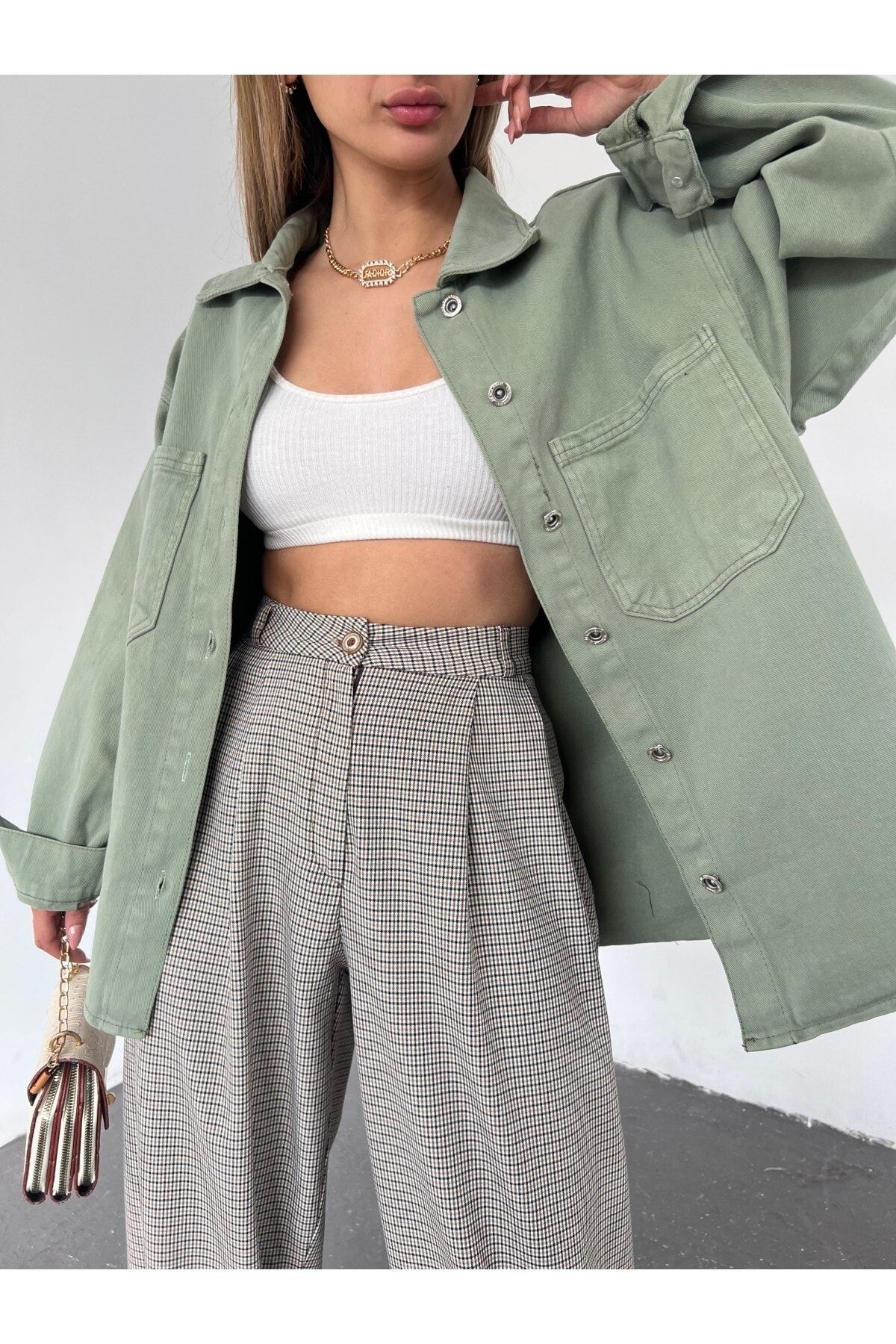 Fav Style Kadın Oversize Uzun Kollu Çift Cepli Ceket Gömlek Su Yeşili CE10605