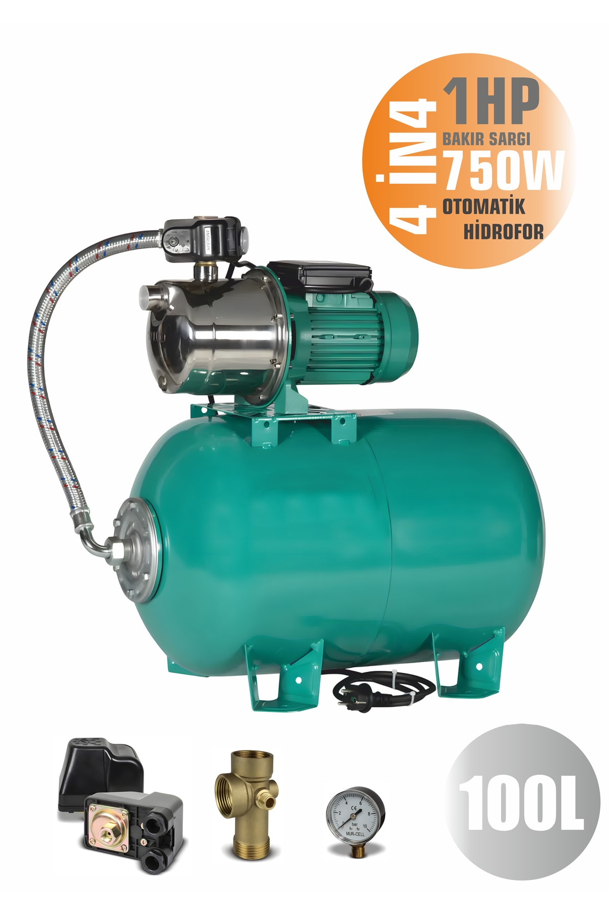 BÖHRER Jet750sc Bakır 100litre Yatay 1hp Tanklı Otomatik Aç-kapa Otomatik - Paket Hidrofor-4kat-12daire