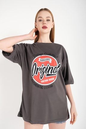Kadın Füme Oversize Original Baskılı T-shirt TS-ORİGİN
