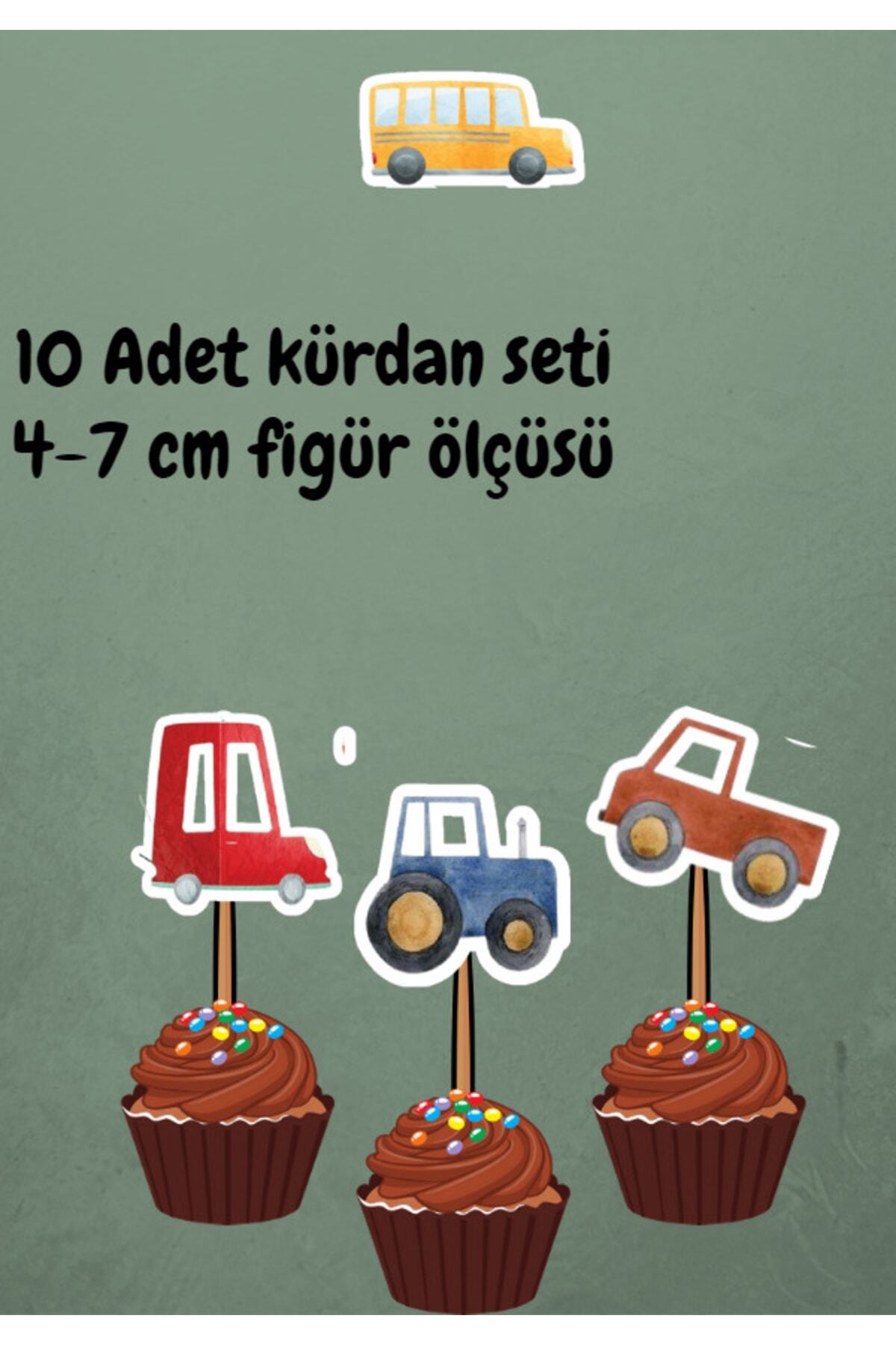 10'lu Cupcake Sevimli Arabalar Figürlü Kürdan Seti Doğum Günü Parti Süsü