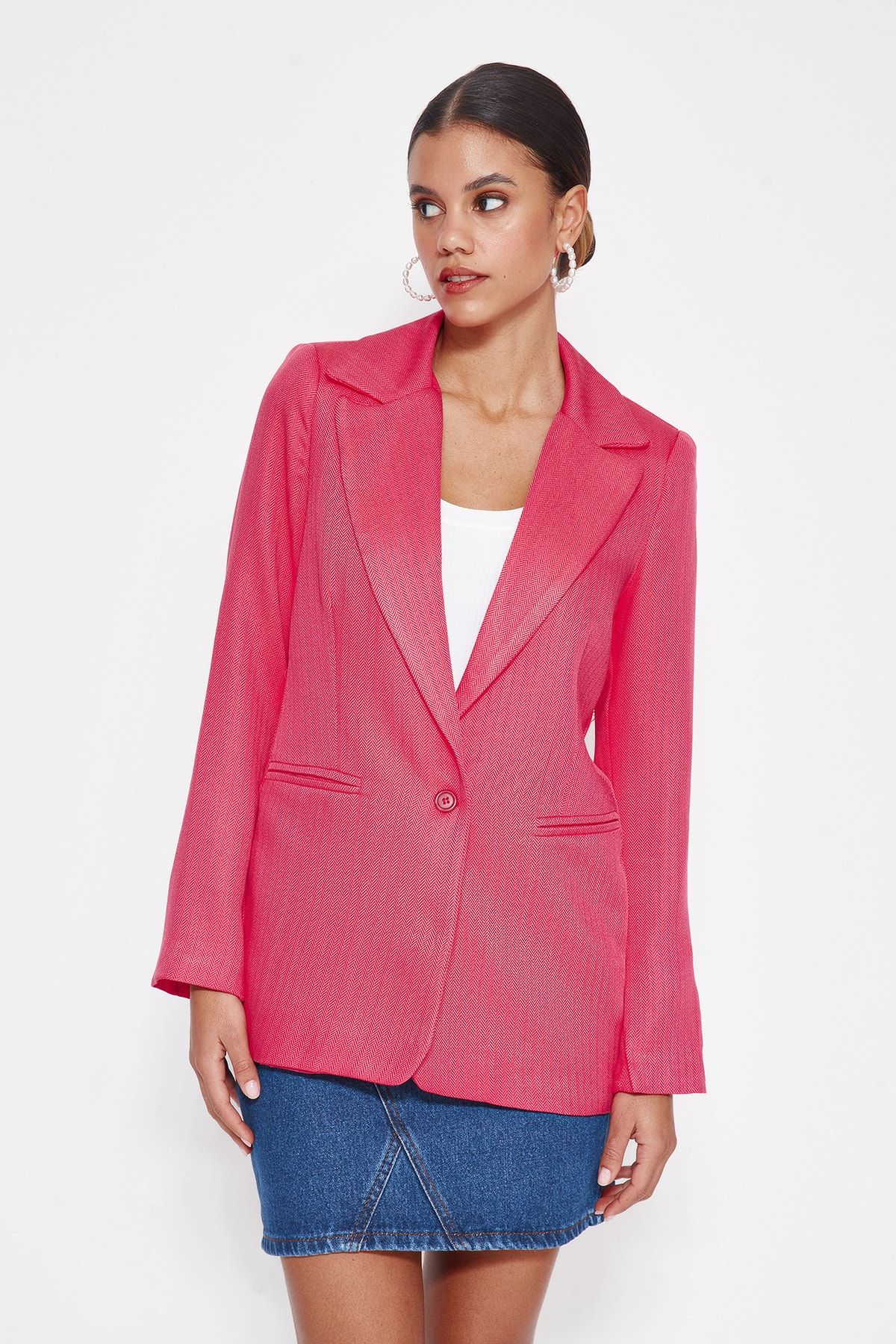 Trendyol Collection-Fuchsia Woven Lined Button Blazer Jacket TWOSS22CE0092 3