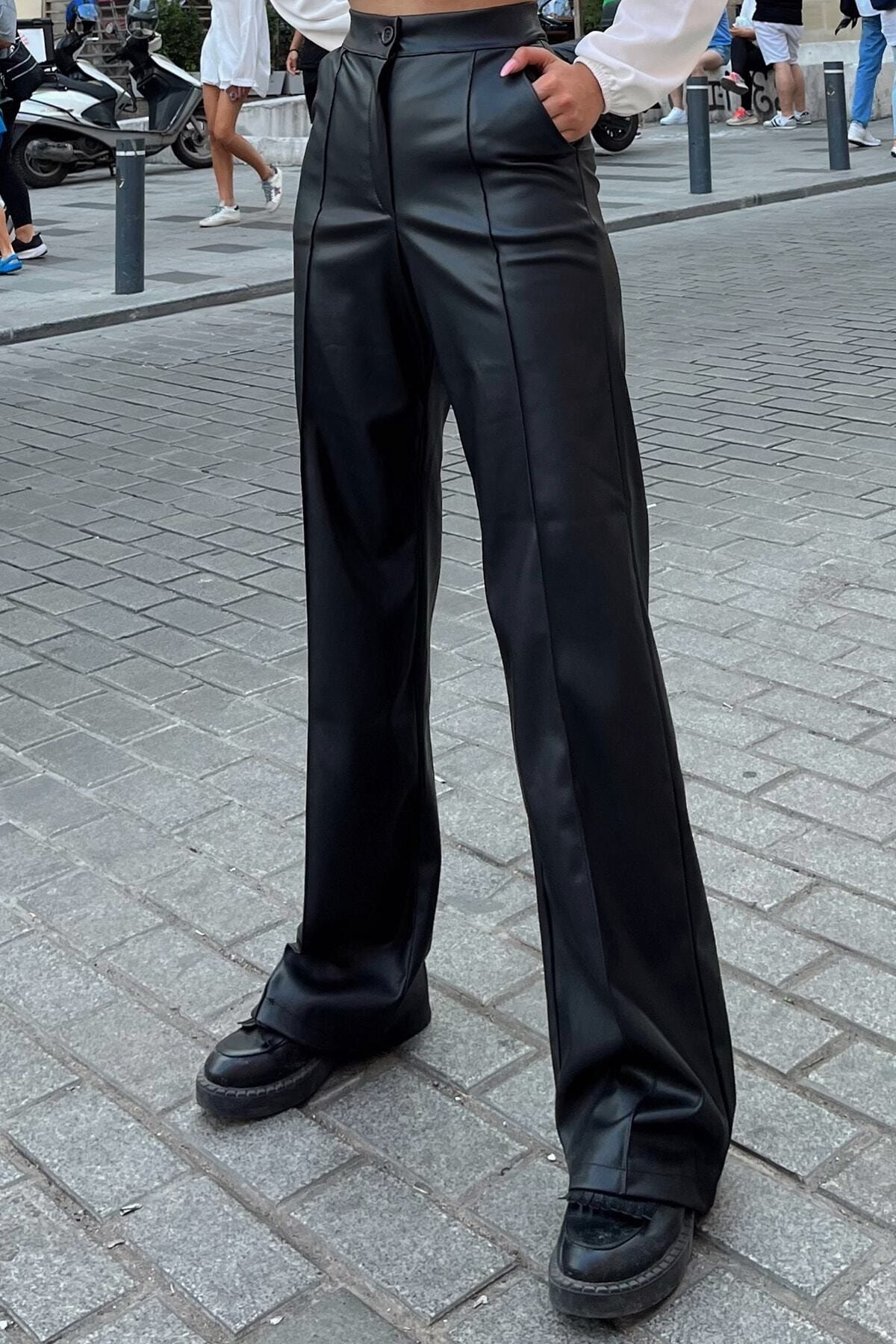KIYI-Lederhose mit hoher Taille und weitem Bein für Damen in Schwarz 1