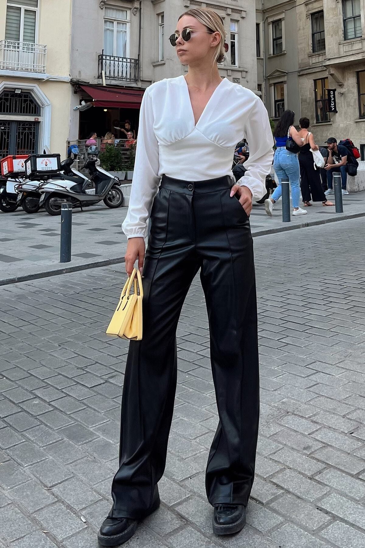 KIYI-Lederhose mit hoher Taille und weitem Bein für Damen in Schwarz 2