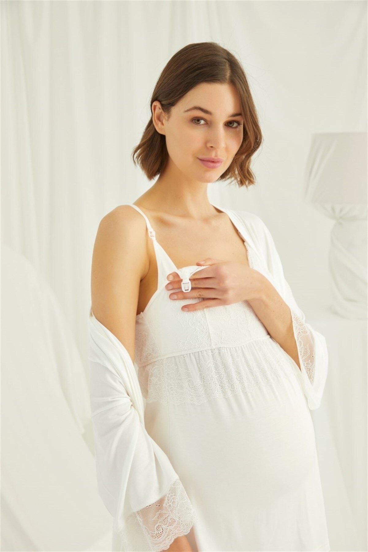 lohusahamile Set De Pijamale De Maternitate Pentru Alăptare Ecru Cu Halat Monamise 18433 Femeie - L