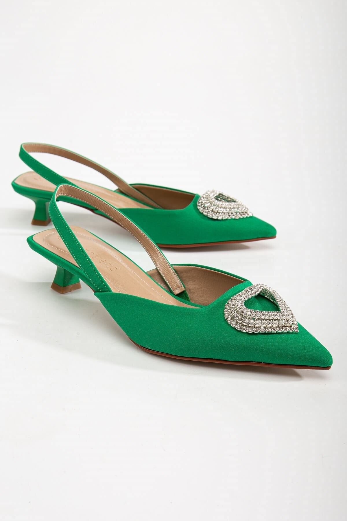 Ccway Kalp Taşlı Kadın Topuklu Ayakkabı Çimen Yeşili