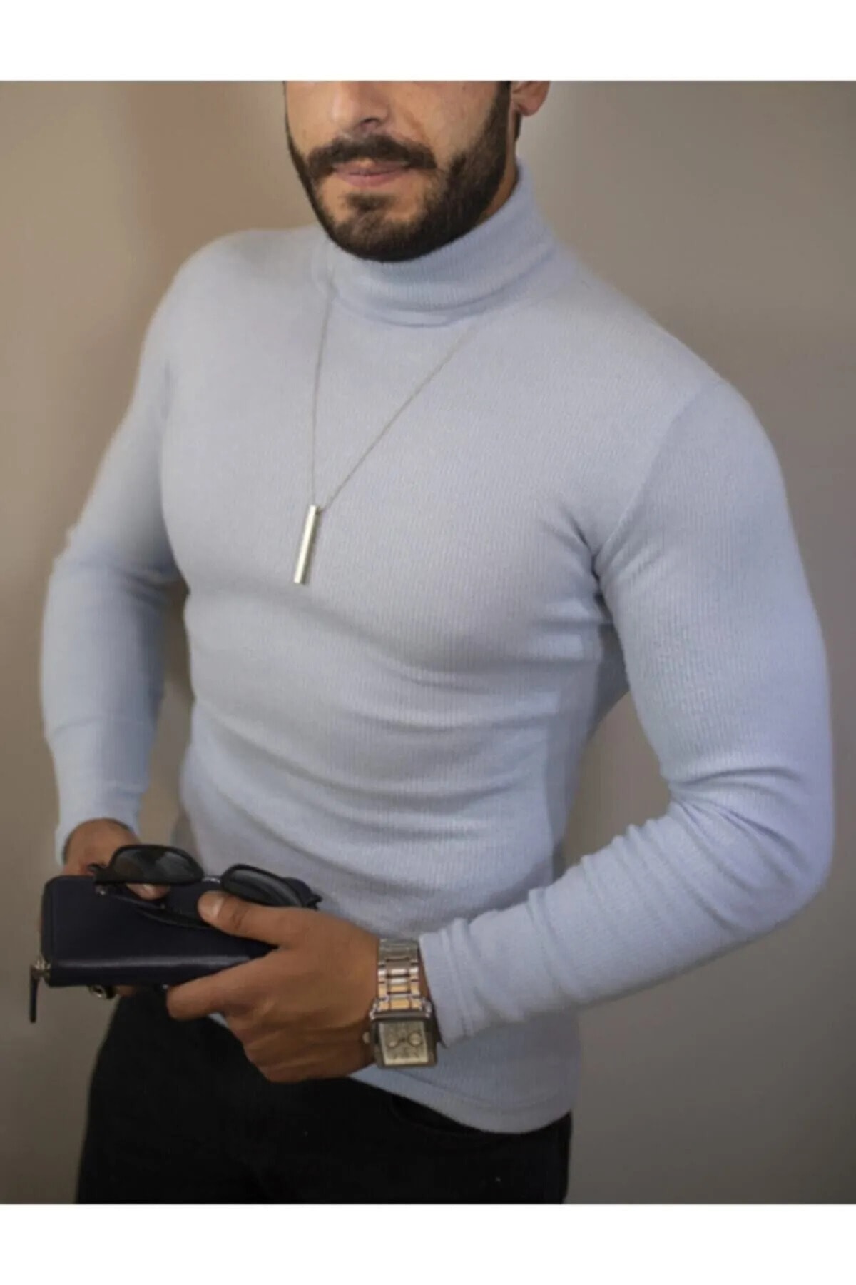 NOBLE STORE Erkek Likralı Boğazlı Kazak Body