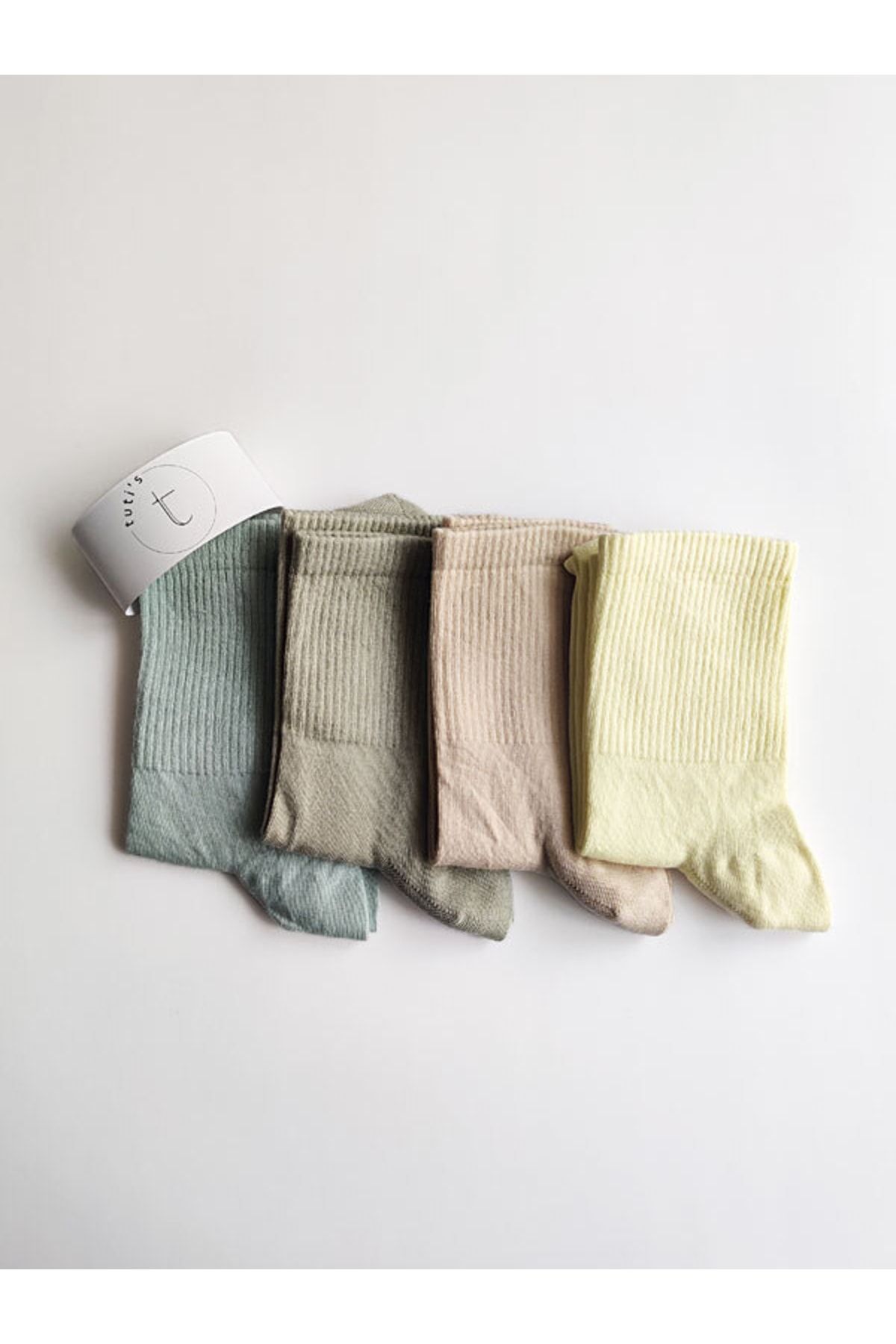 tutis Su Yeşili - Yeşil - Bej - Limon Sarısı 4'lü Dikişsiz Burun Pamuklu Kolej Çorap Set, Unisex