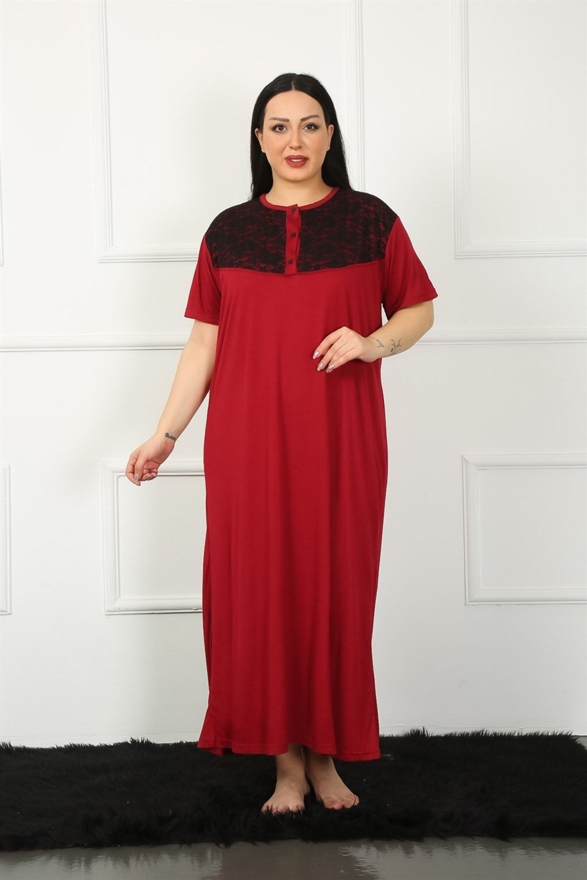 Akbeniz Dantelli Kısa Kol Bordo Anne Gecelik 1348
