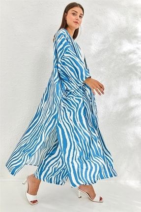 Kadın Saten Zebra Desenli Kimono Pantolon Takım Mavi Ekru 21Y1915-1