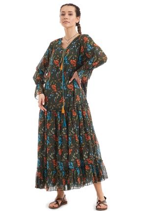 Şile Bezi Yeşil Uzun Kol Vual Gelincik Desenli Elbise 0954
