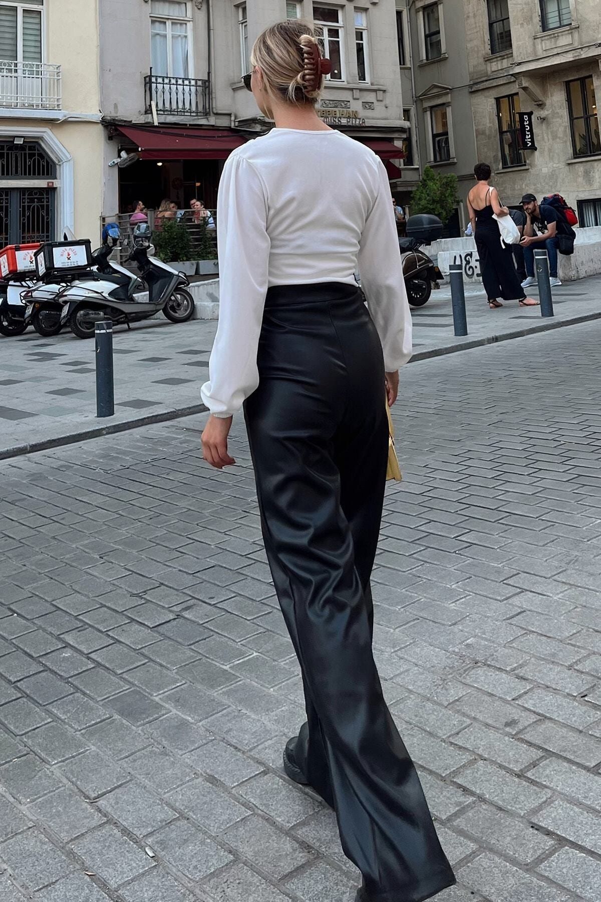 KIYI-Lederhose mit hoher Taille und weitem Bein für Damen in Schwarz 6
