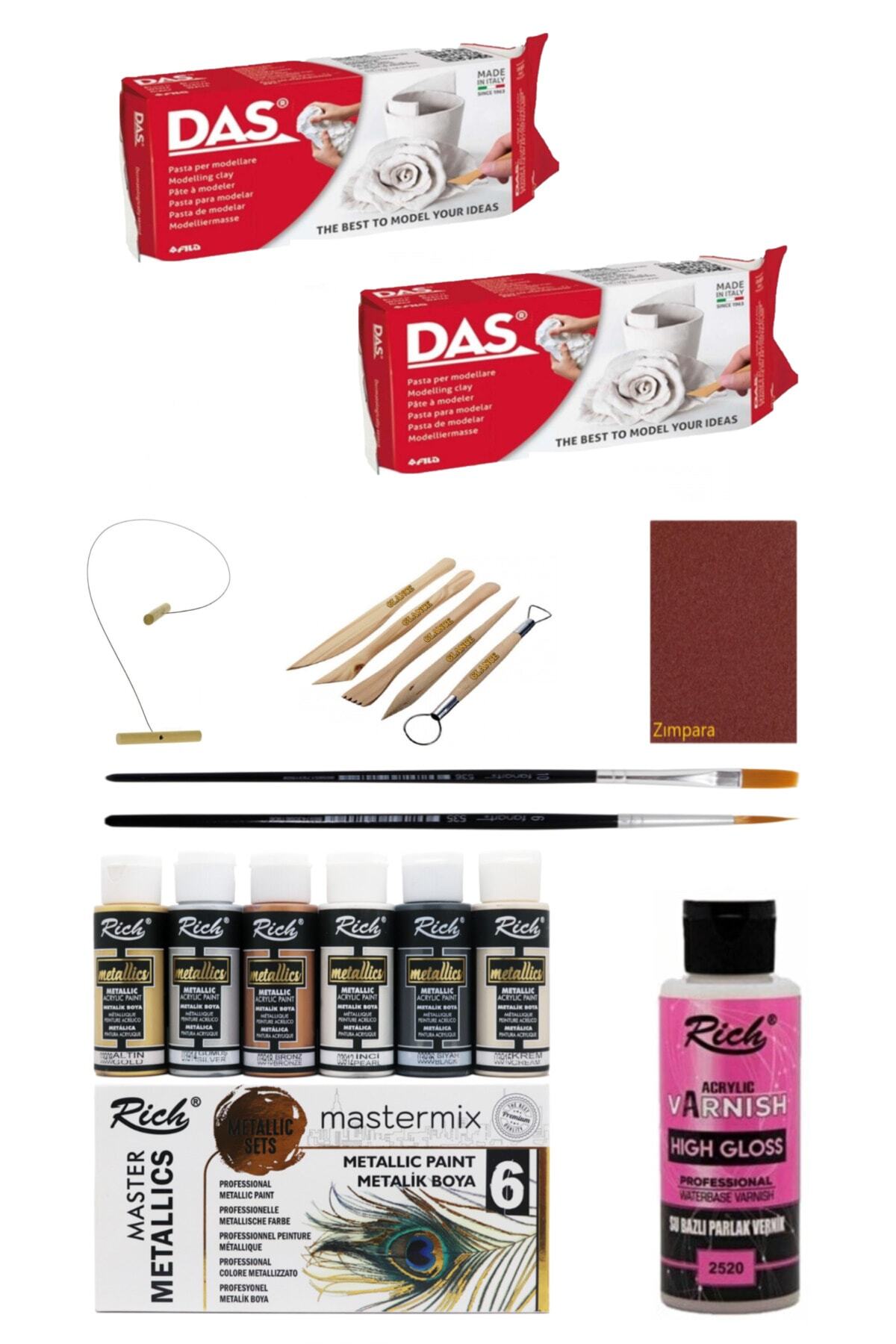 GLANCE Das Beyaz Seramik Kili 500 grx2gr Rich Mastermix 60 cc 6'lı Metalik Renkler Akrilik Boya Seramik Set