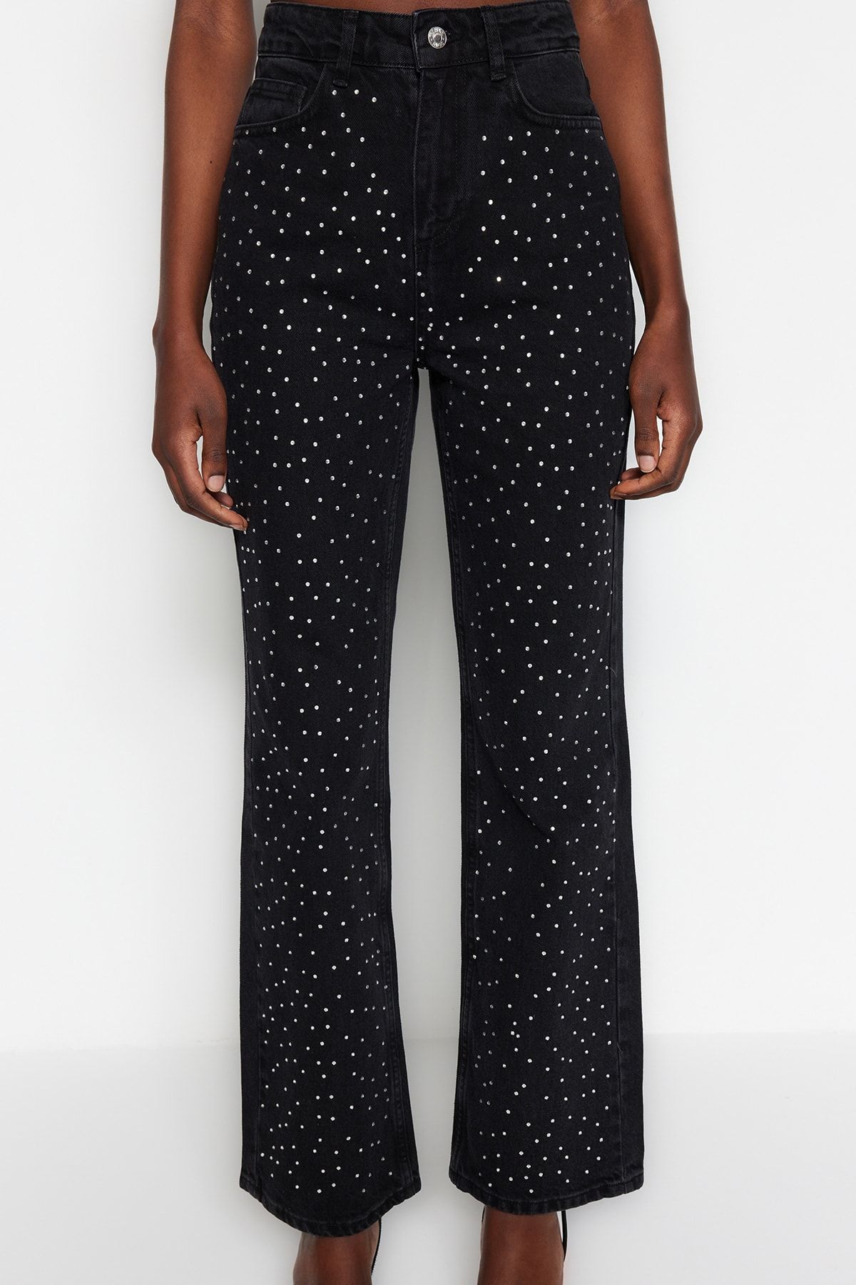 Trendyol Collection-Black Jewelled High Waist Wide Leg Jeans Twoaw23Je00442 5