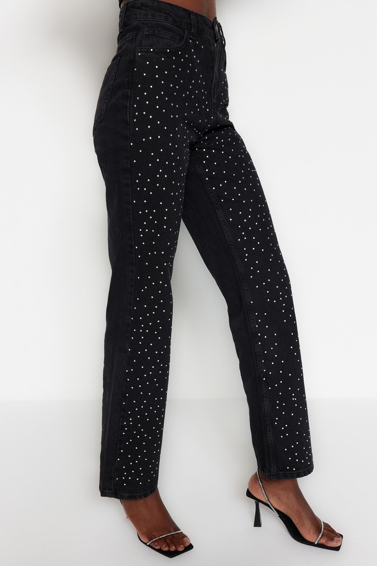 Trendyol Collection-Black Jewelled High Waist Wide Leg Jeans Twoaw23Je00442 6