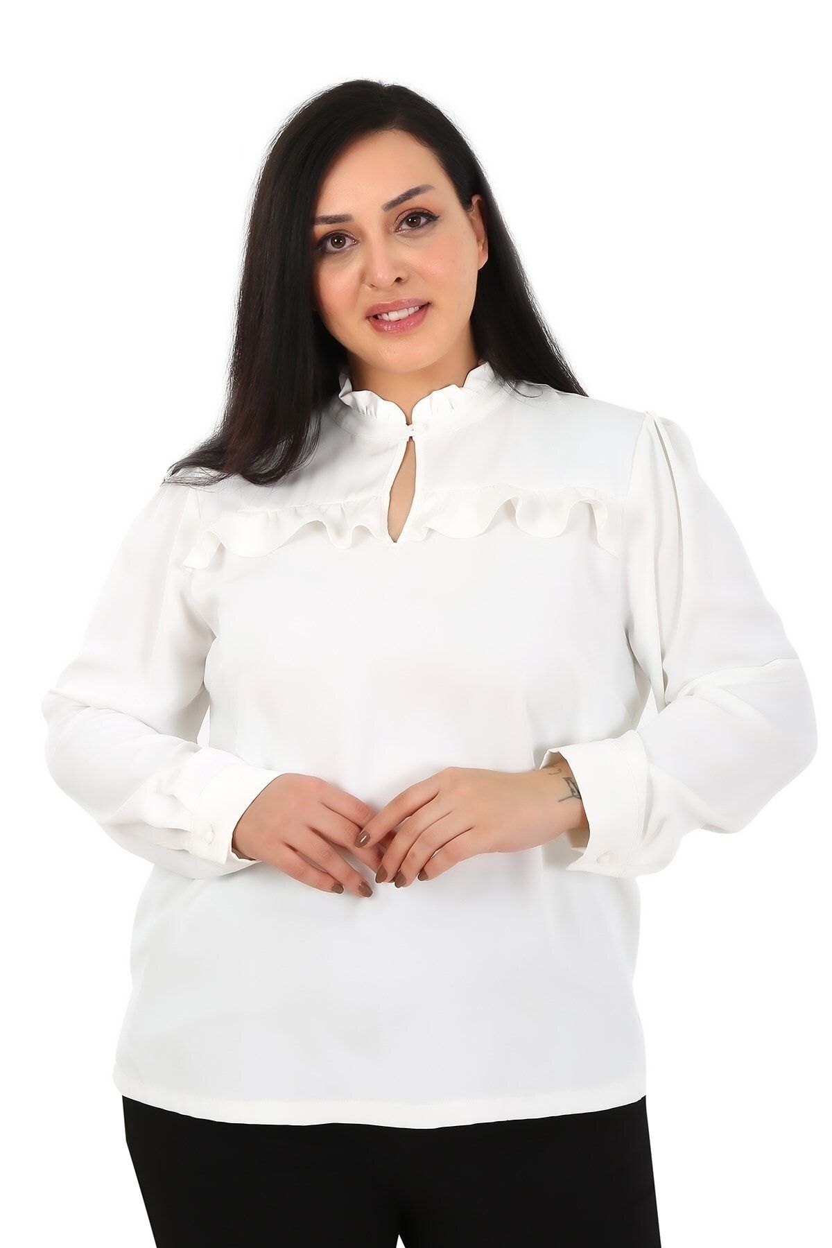DISENTIS MODEST-Plus Size White Blouse with Collar and Ruffle Detail on the Chest and Side Slits 1