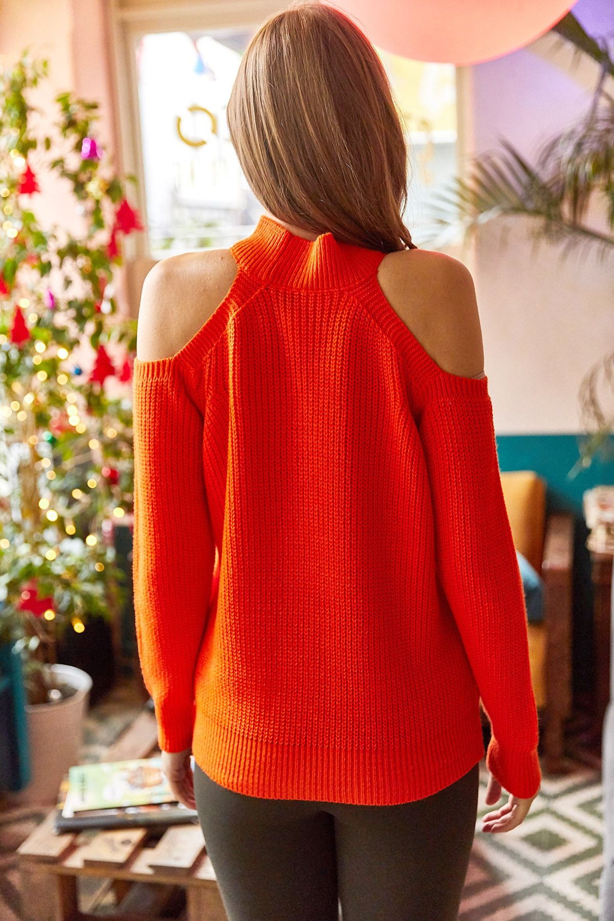 Olalook-Orangefarbener Damenpullover mit halbhohem Fischerschulterausschnitt und tiefem Ausschnitt, lässiger Strickpullover KZK-19000533 5