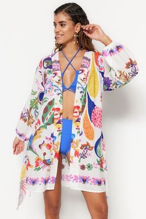 Beyaz Çiçek Desenli Vual Kimono&Kaftan TBESS22KM0022