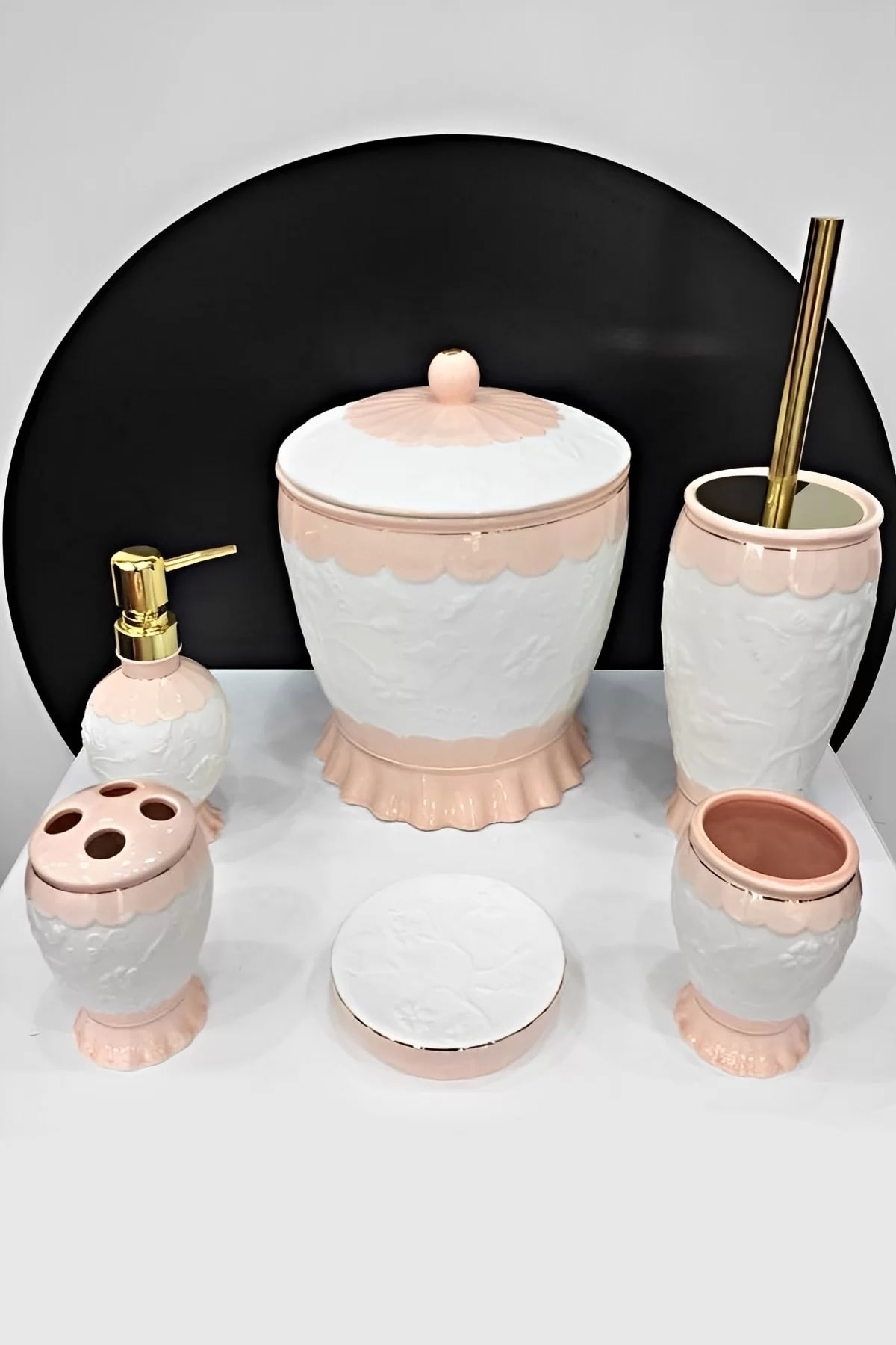 Tilbe Home Creativ 6lı Porselen Banyo Seti Wc Fırçası Katı Sıvı Sabunluk Diş Macunluk Fırçalık Çöp Kovası Seti