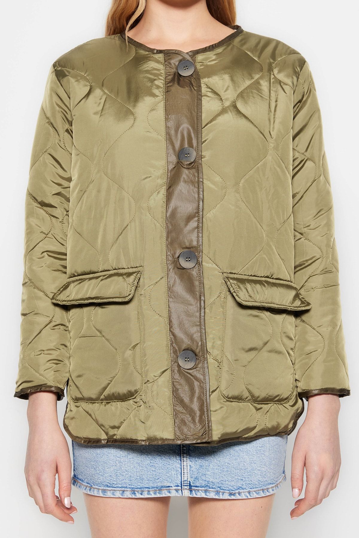 Trendyol Collection-Wodoodporny, pikowany płaszcz w kolorze khaki TWOAW23MO00134 14