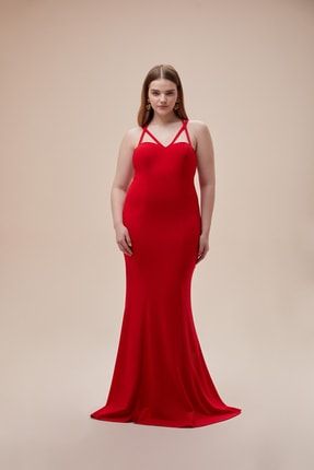 Kırmızı Çapraz Askılı Sırt Dekolteli Uzun Büyük Beden Abiye Elbise 4XLVC5422_B_VW VALENTINA