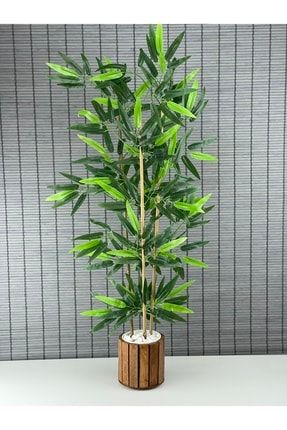 Ahşap Saksılı Yapay Yoğun Yapraklı Dekoratif Bambu Ağacı 3 Gövde 110cm %100 Orjinal Bambu Gövde DEKOR90