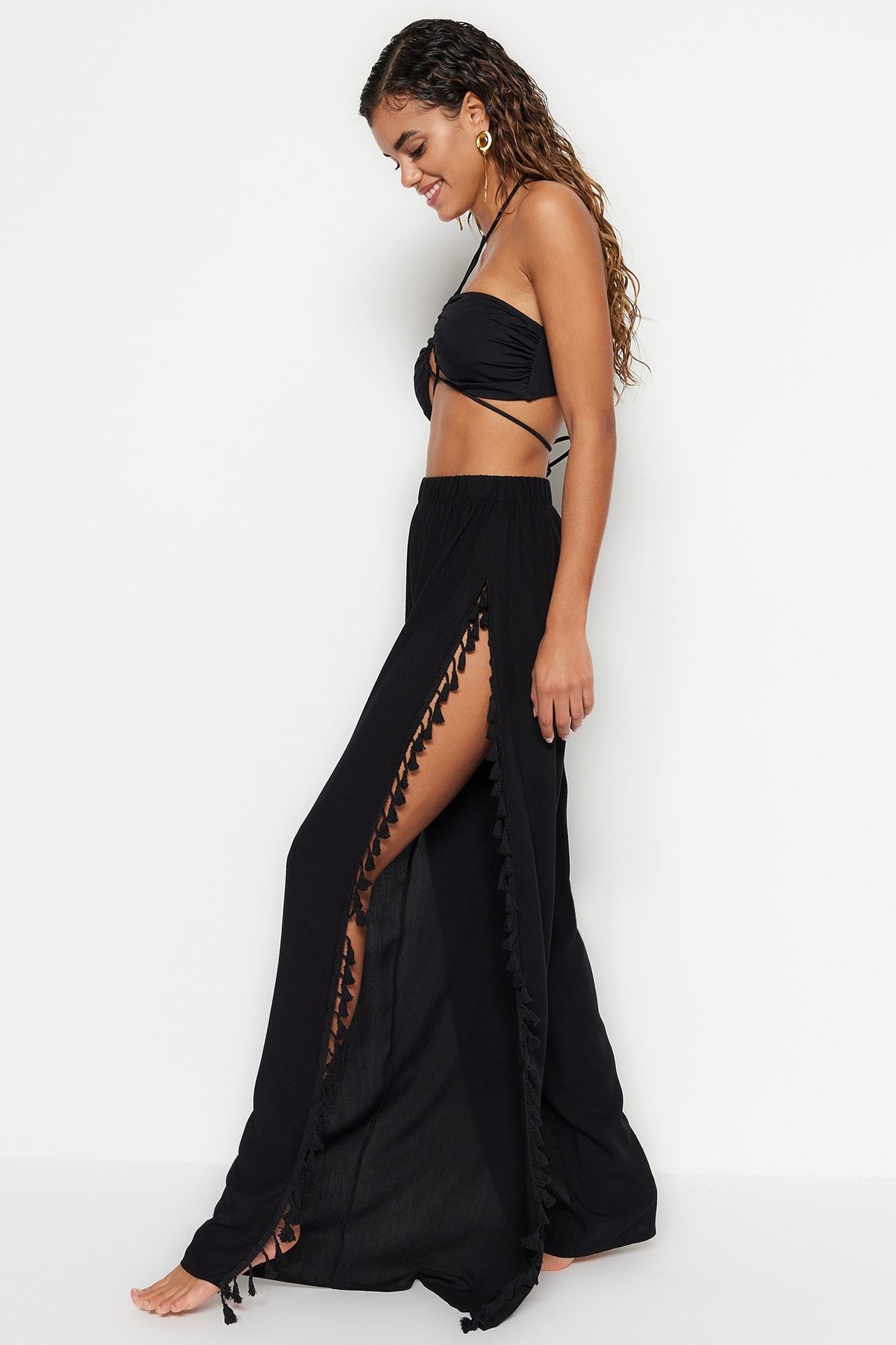 Trendyol Collection-Black Woven Tassels Beach Pants Tbess23Pl00001 6