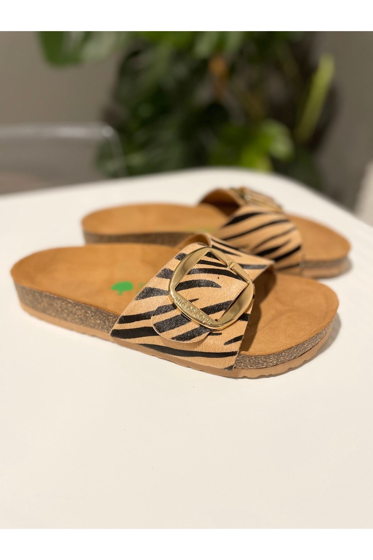 Land of Cork Anatomical Cork Sole Zebra Leather Slippers Trendyol