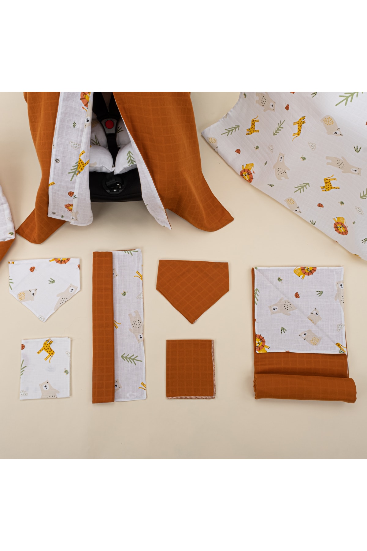 Yunikobaby 11 Parça Set- Kiremit Müslin - Aslan Puset Örtüsü Ve Minderi,battaniye,emzirme Önlüğü,alt Değiştirme fotoğrafı 5 (önizleme)