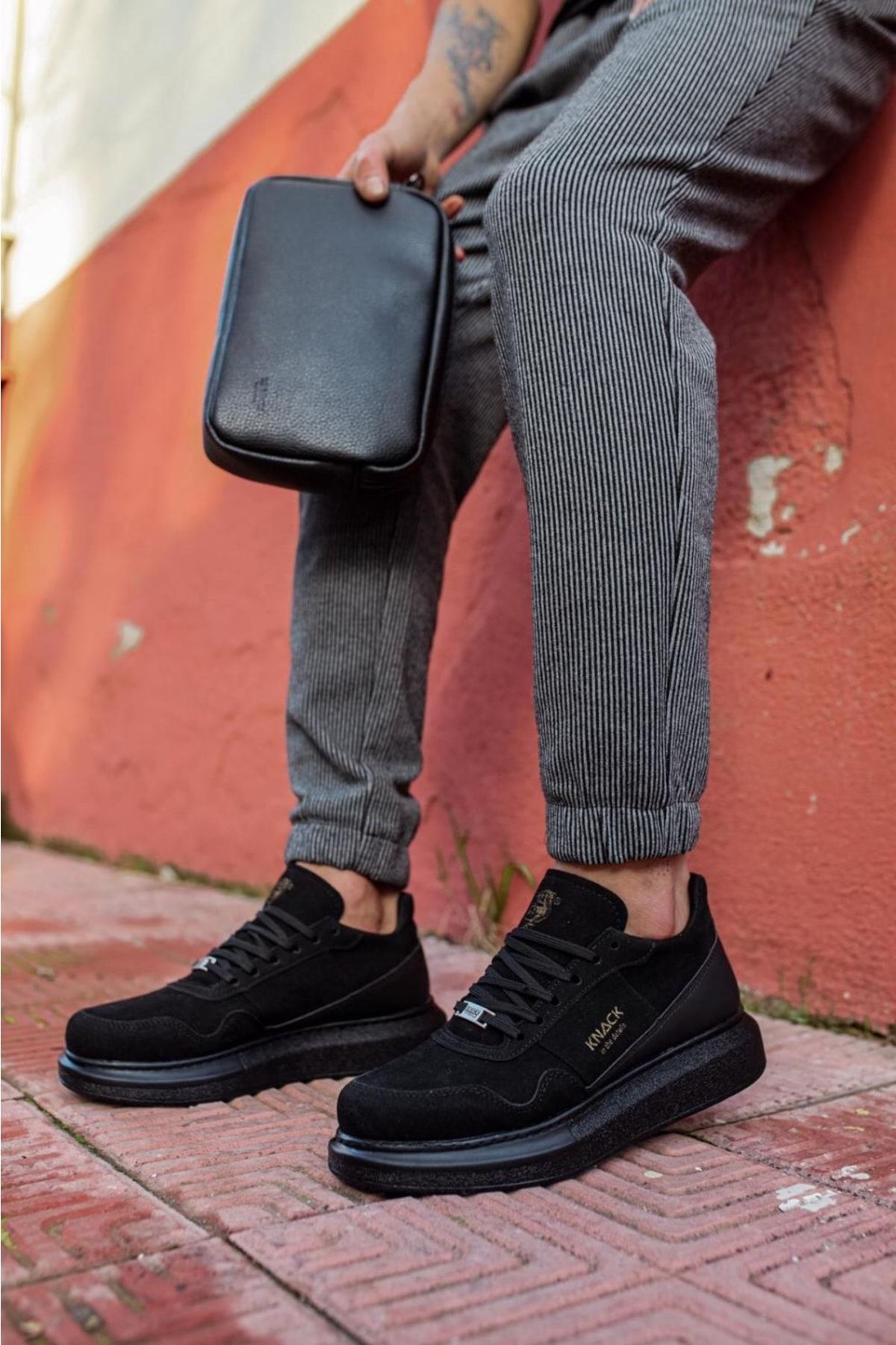 Mardel Store M040 Bağcıklı Rahat Ortopedik Yüksek Taban Erkek Süet Sneaker Ayakkabı St Siyah