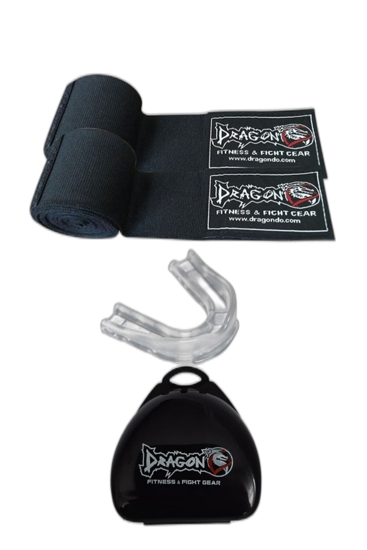 Dragon Giftoomsport- Profesyonel Kutulu Boks Dişliği-şeffaf-ve 3,5 M.siyah Boks Bandaj 2li Set