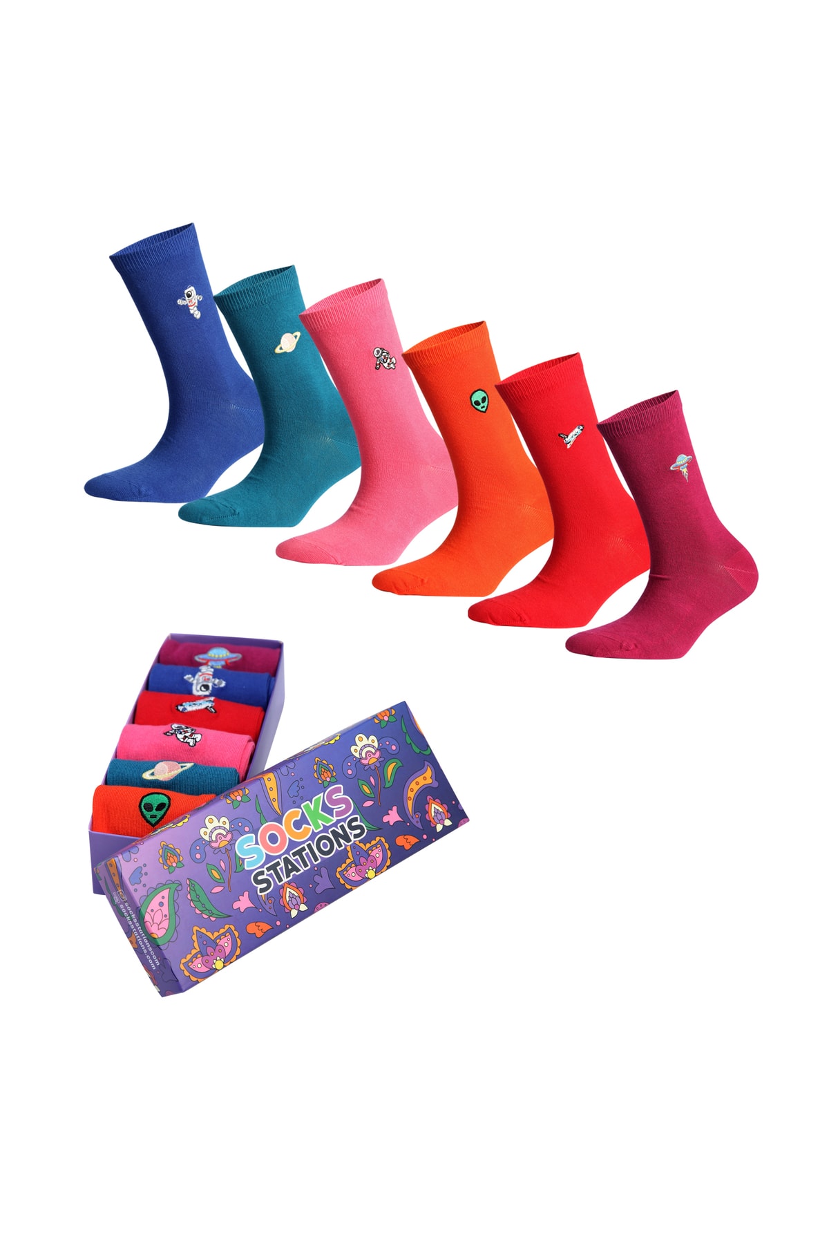 Socks Stations Desenli Renkli Soket Çorap Kutusu 6'lı Astronot Neşeli Set