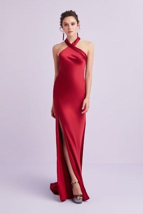 Koyu Kırmızı Halter Yaka Saten Uzun Abiye Elbise 2XLVC5134_APPLE