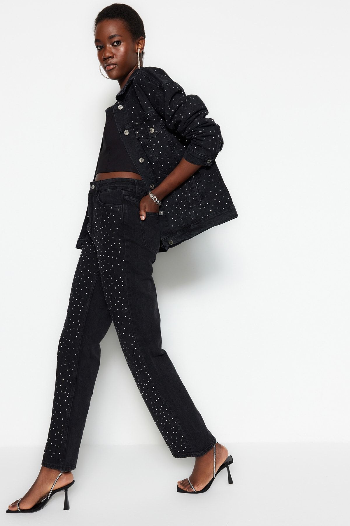 Trendyol Collection-Black Jewelled High Waist Wide Leg Jeans Twoaw23Je00442 4