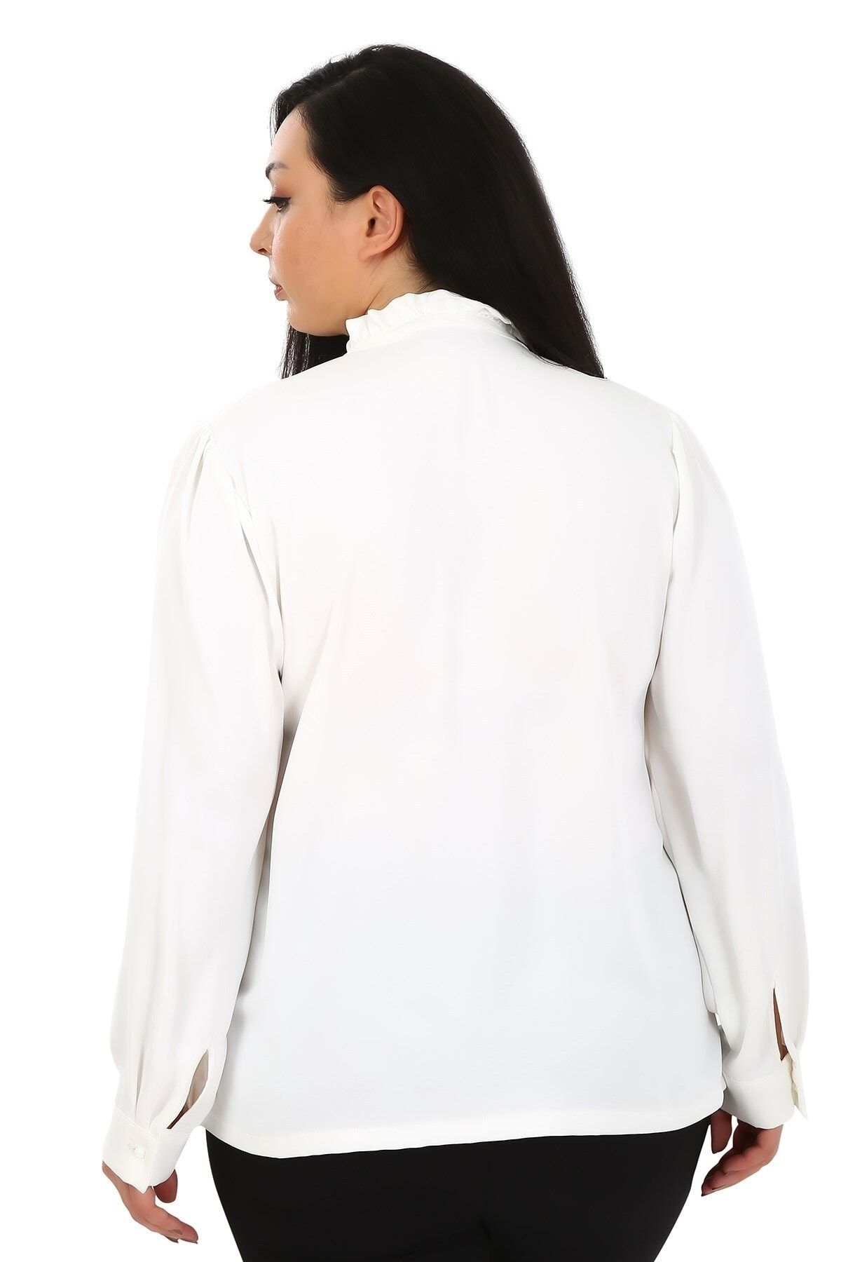 DISENTIS MODEST-Plus Size White Blouse with Collar and Ruffle Detail on the Chest and Side Slits 3