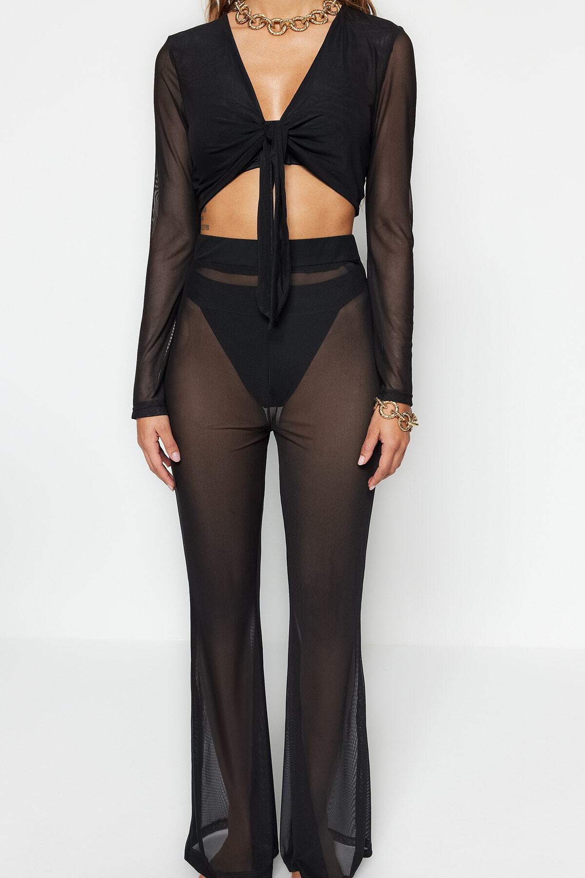 Trendyol Collection-See-Through Black Knitted Beach Suit - Tie-Up Blouse and Pants Tbess22Au0014 4