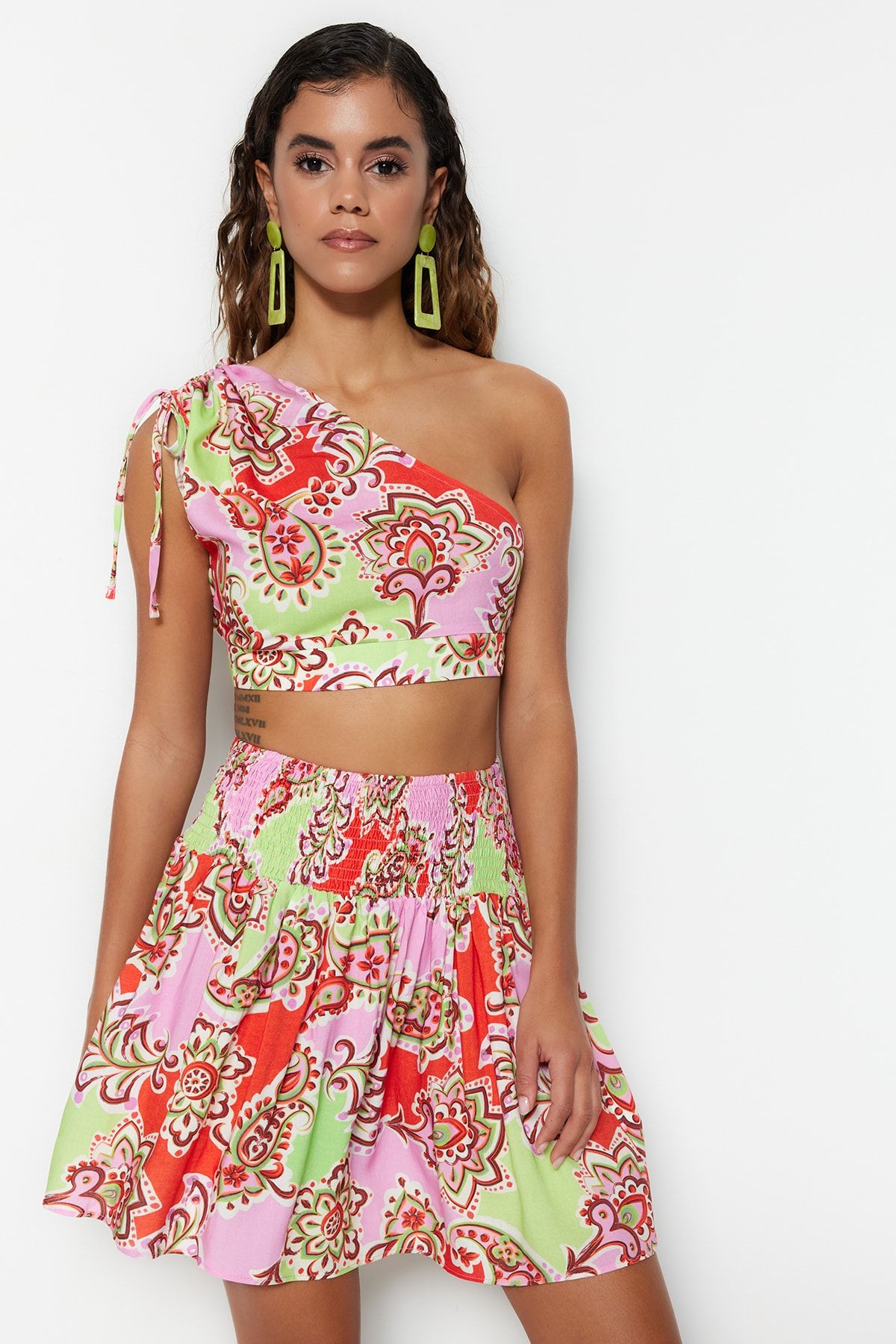 Trendyol Collection-One Shoulder Shawl Print Woven Blouse and Beach Skirt Set - Tbess23Au00056 1