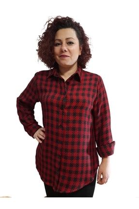 Kırmızı Renkli Ekose Kareli Kadın Büyük Beden Oduncu Gömlek 2244