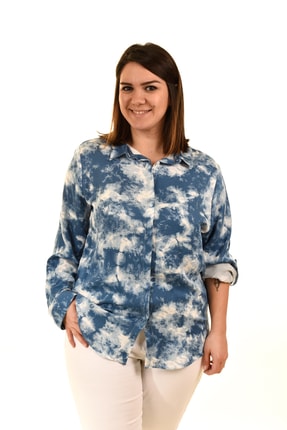 Kadın Mavi Bayan Büyük Beden Desenli Gömlek 2217
