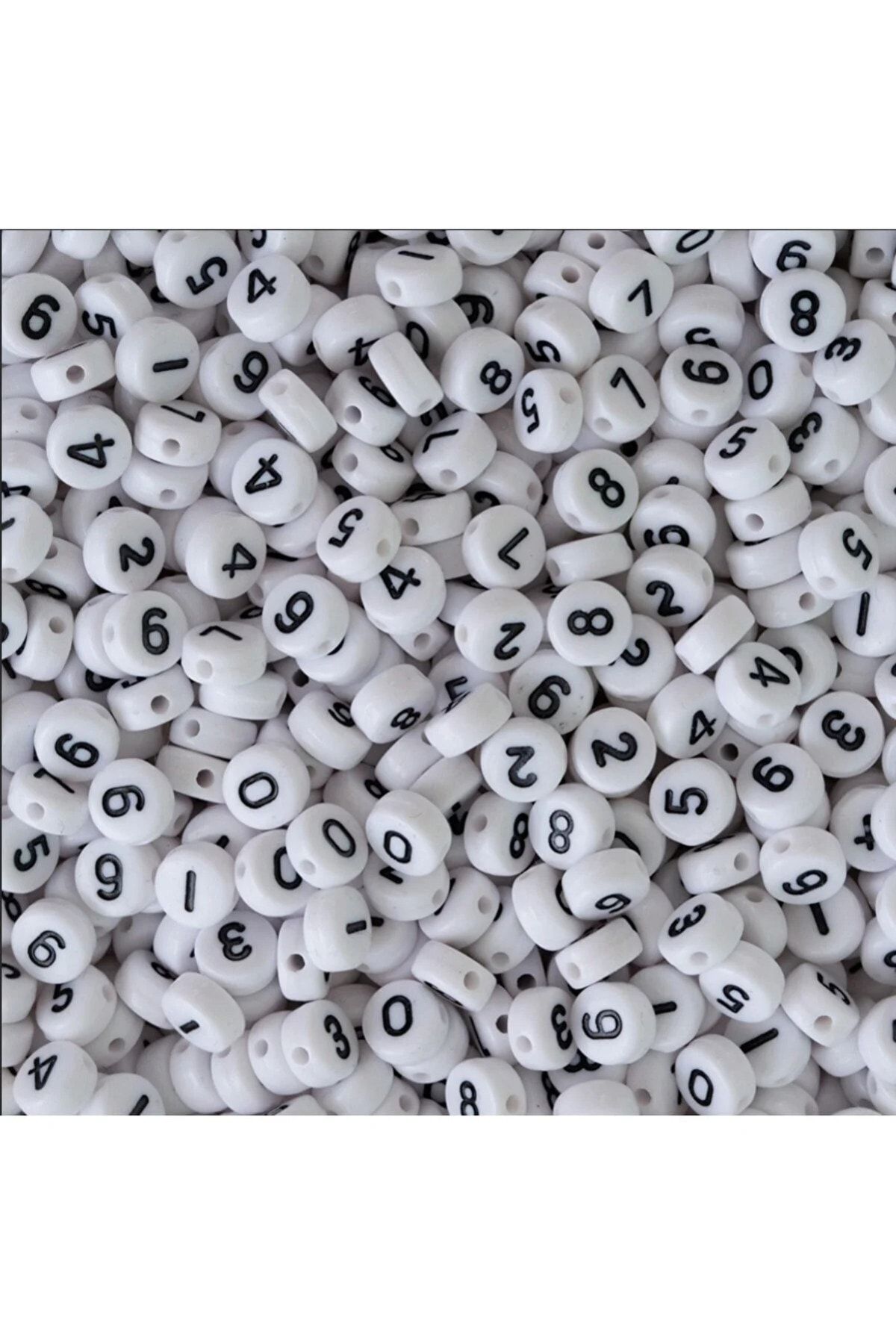 100gr Rakam, Sayı Boncuk, 4x7mm Beyaz Zemin Üzeri Siyah Yassı Rakam Boncuk (100gr,~ 640adet)