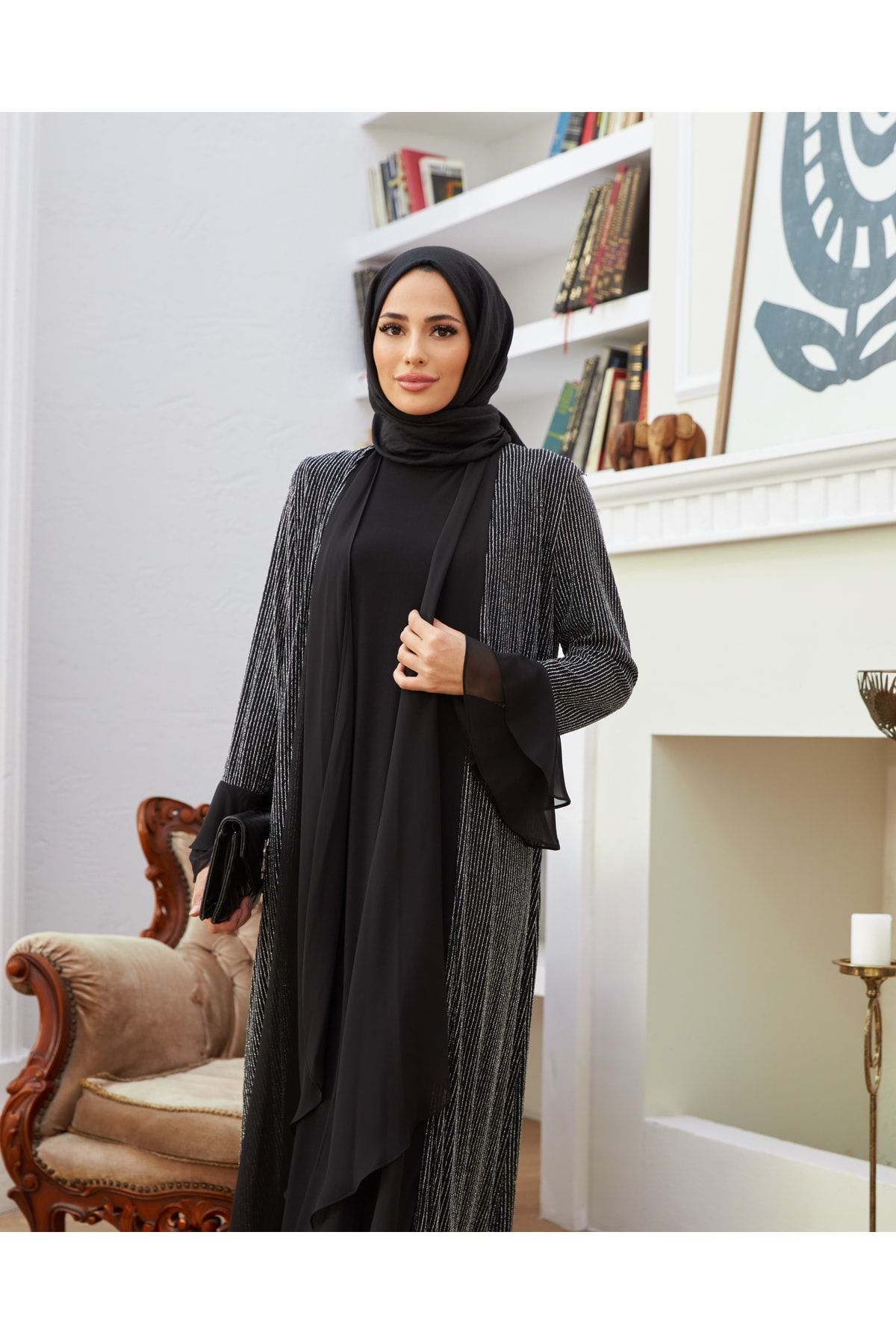 Moda Asrın Simli Kumaş Hırka Ve Içlik Siyah Yelek 2'li Abiye Takım RN9170