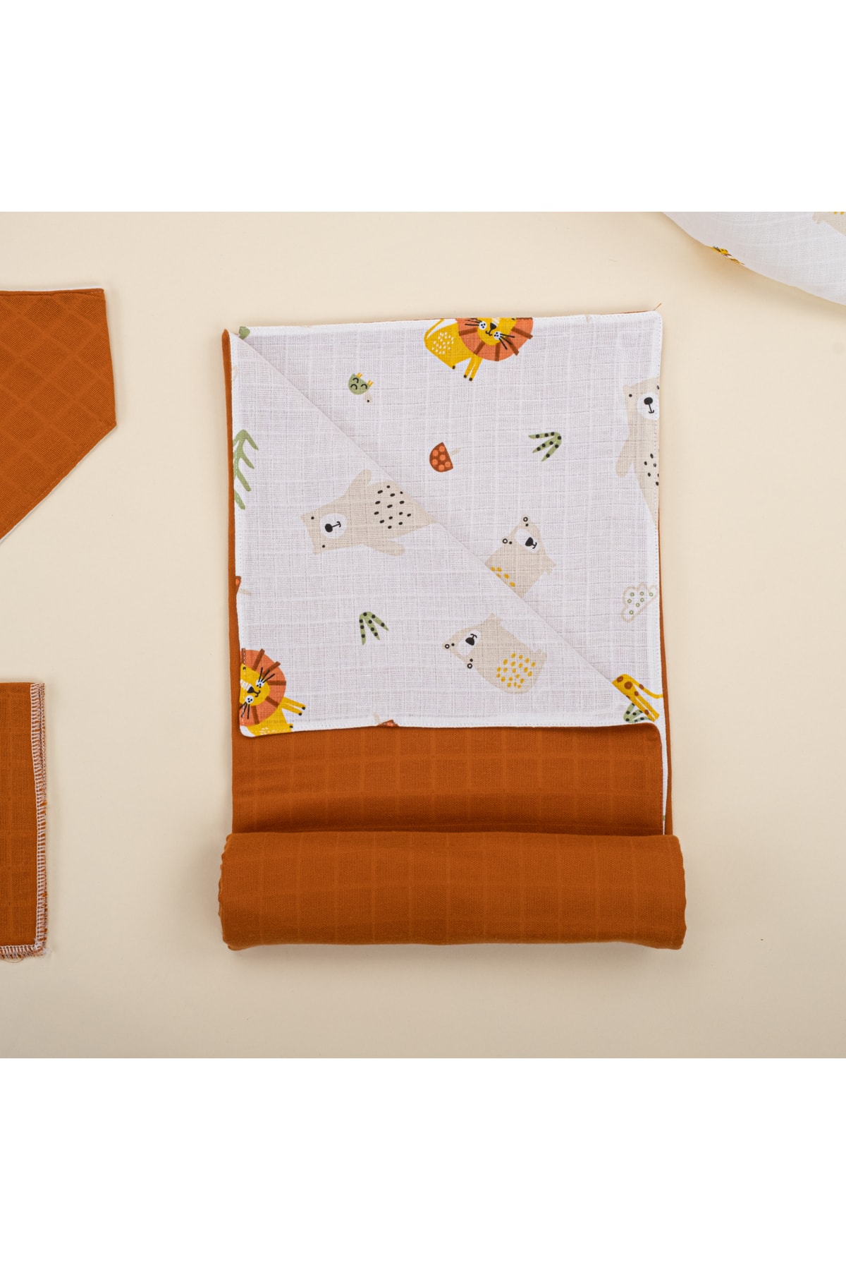 Yunikobaby 11 Parça Set- Kiremit Müslin - Aslan Puset Örtüsü Ve Minderi,battaniye,emzirme Önlüğü,alt Değiştirme fotoğrafı 7 (önizleme)