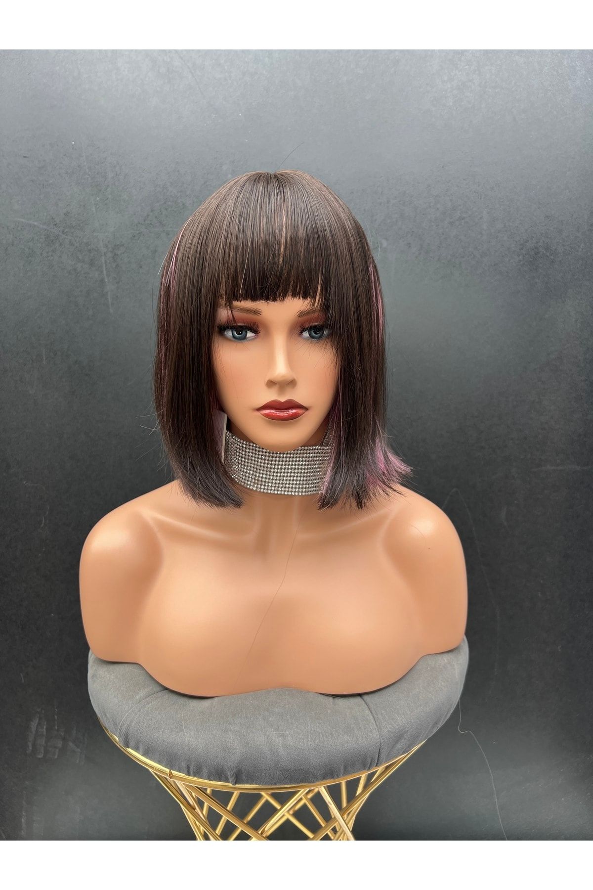 REMY HAİR Exclusive Luxury Özel Üretim Kahverengi Lila Kısa Küt Kesim Peruk