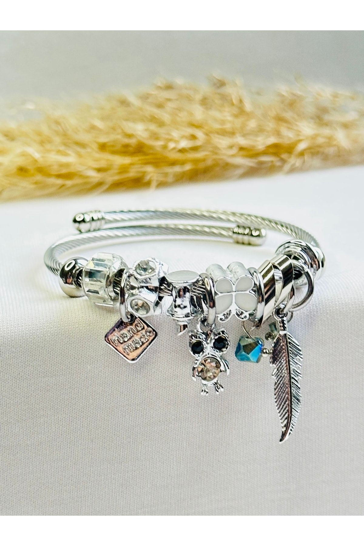 demet by gardenia Steel Silver Plated Black Owl Charm Style Bracelet