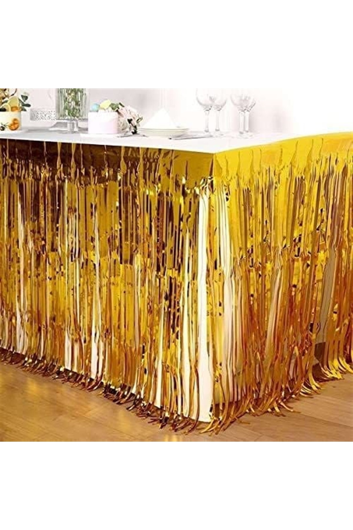 İpek Böceği Gold Saçaklı Lüks Metalize Masa Eteği