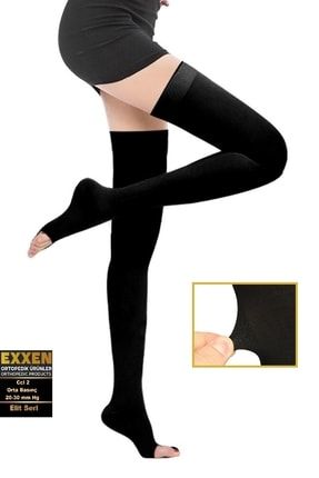 Diz Üstü Burnu Açık Ccl2 Orta Basınçlı Siyah Renk Varis Çorabı (Çift Bacak) Elit Seri Elite-Dizüstü