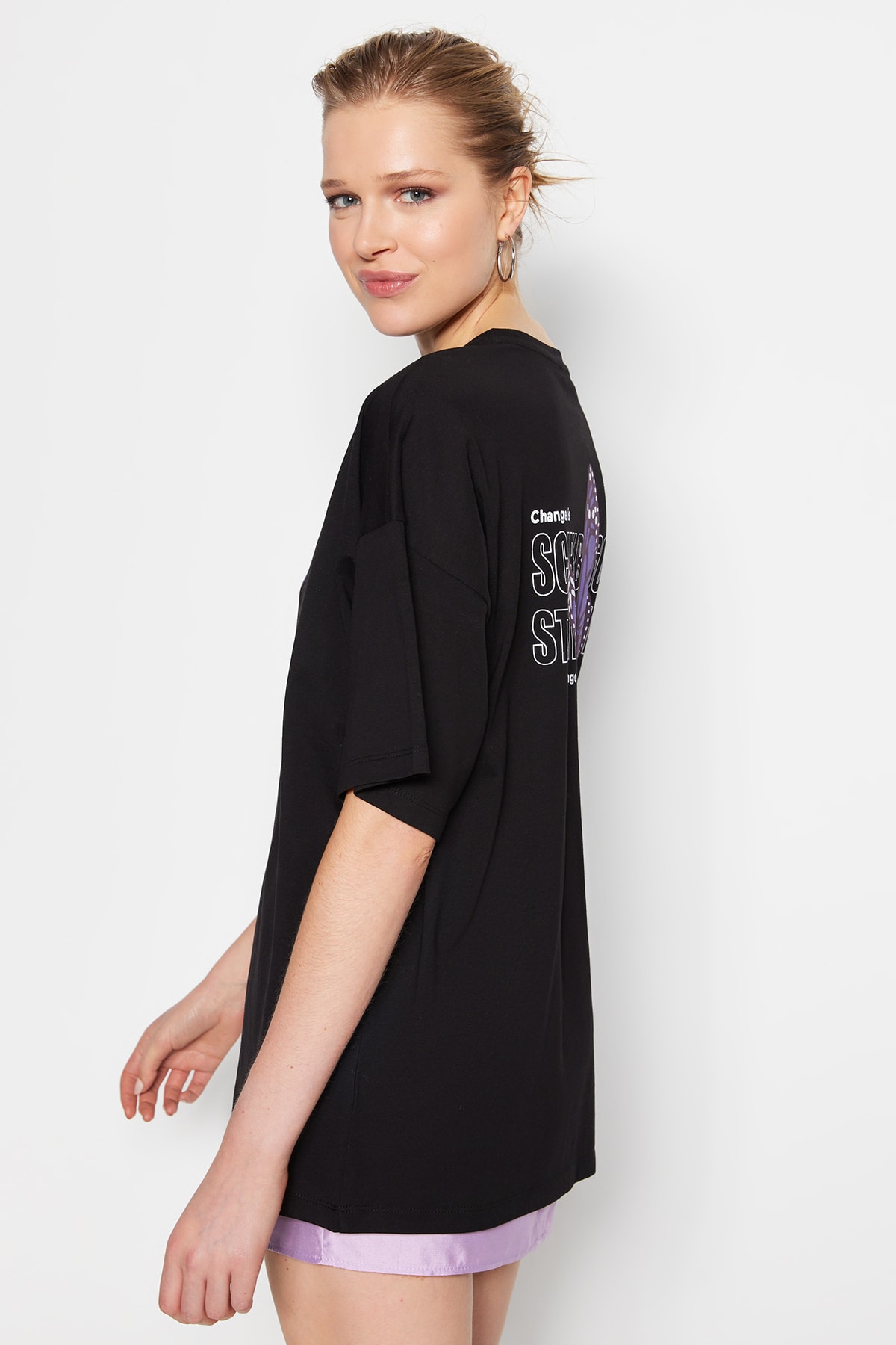 تي شيرت محبوك أسود 100% من القطن الأمامي والخلفي م...