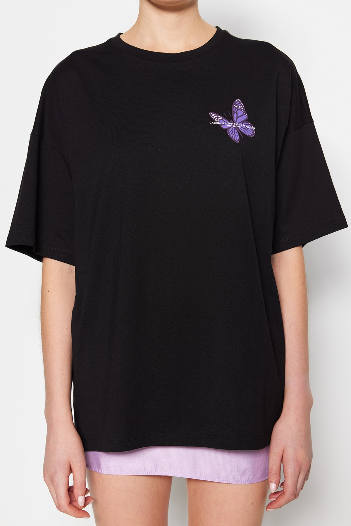 تي شيرت محبوك أسود 100% من القطن الأمامي والخلفي م...